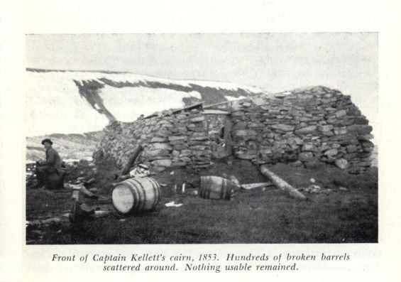 Front of Captain Kellett's cairn, 1853. Hundreds of broken barrels scattered around.  Nothing usable remained.