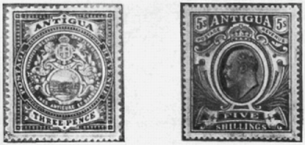 three pence and five shillings stamps