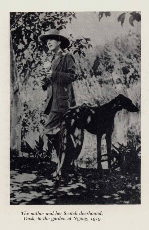 The author and her Scotch deerhound, Dusk, in the garden at Ngong, 1919